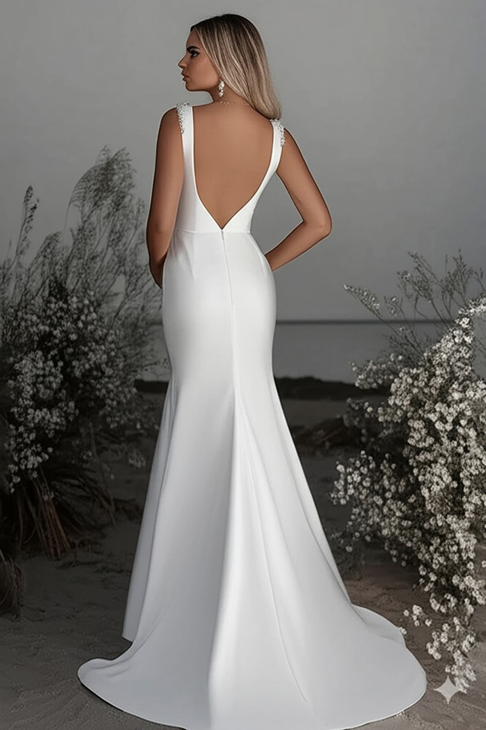 Satin Boat Neck Ivory Sheath Sweep Train Wedding Dress with Slit