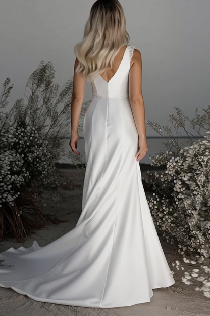 Satin Boat Neck Ivory Sheath Sweep Train Wedding Dress with Slit