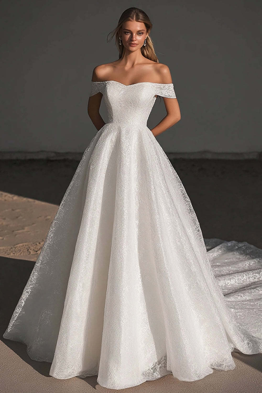 Leely Women Ivory Ball Gown Off the Shoulder Tulle Lace Wedding Dress Sweep Train Bridal Dress