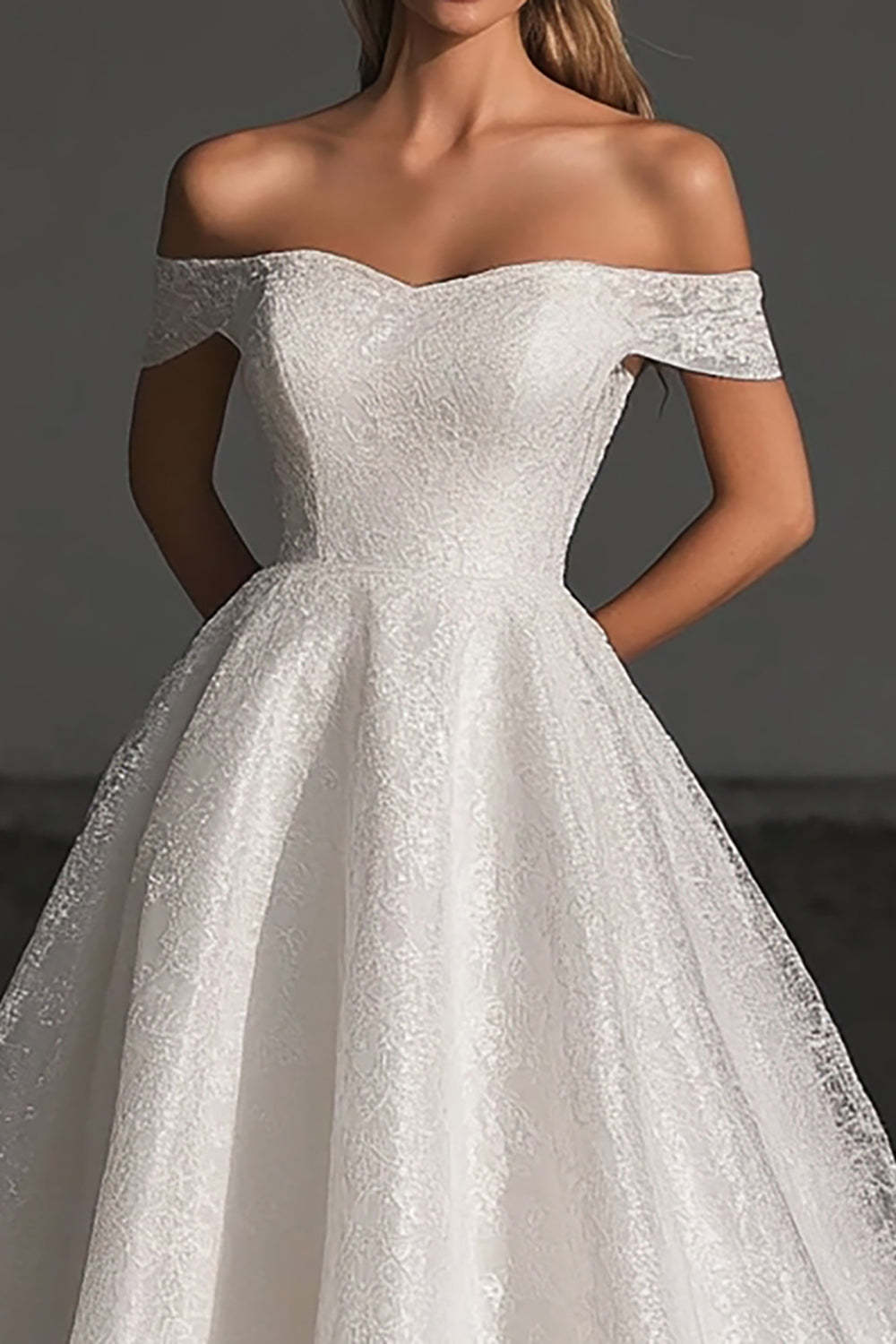 Ivory Ball Gown Off the Shoulder Tulle Lace Sweep Train Wedding Dress