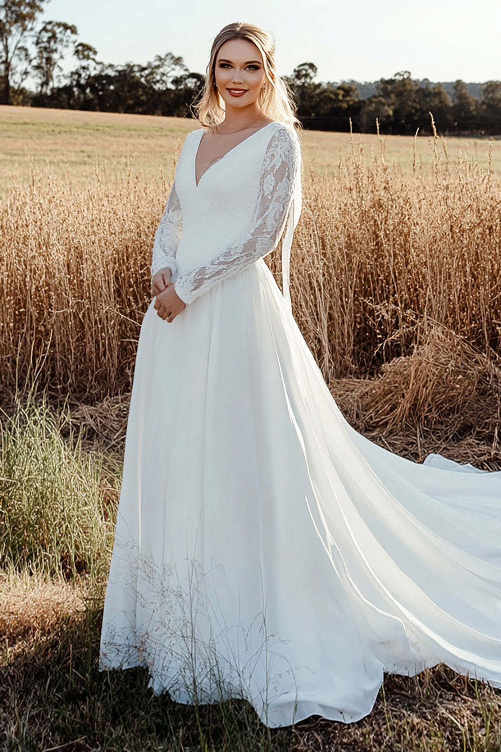 Leely Women Ivory V-Neck A Line Long Sleeves Wedding Dress with Lace Sweep Train Bridal Dress