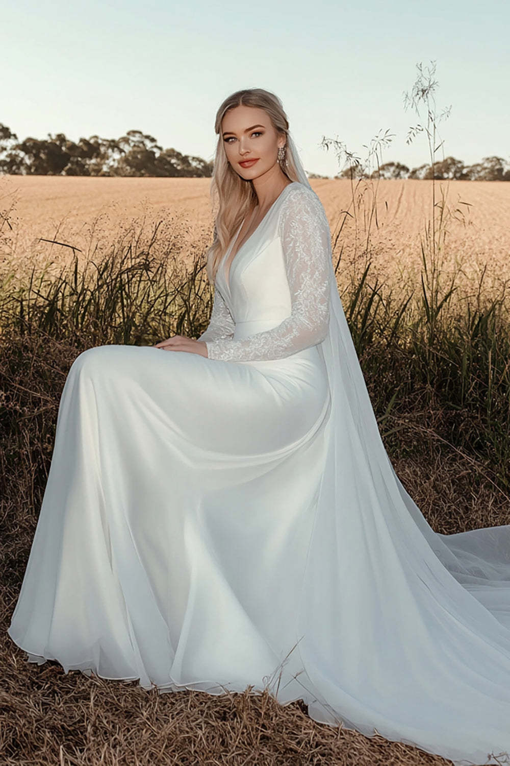 Ivory V-Neck A Line Long Sleeves Wedding Dress with Lace