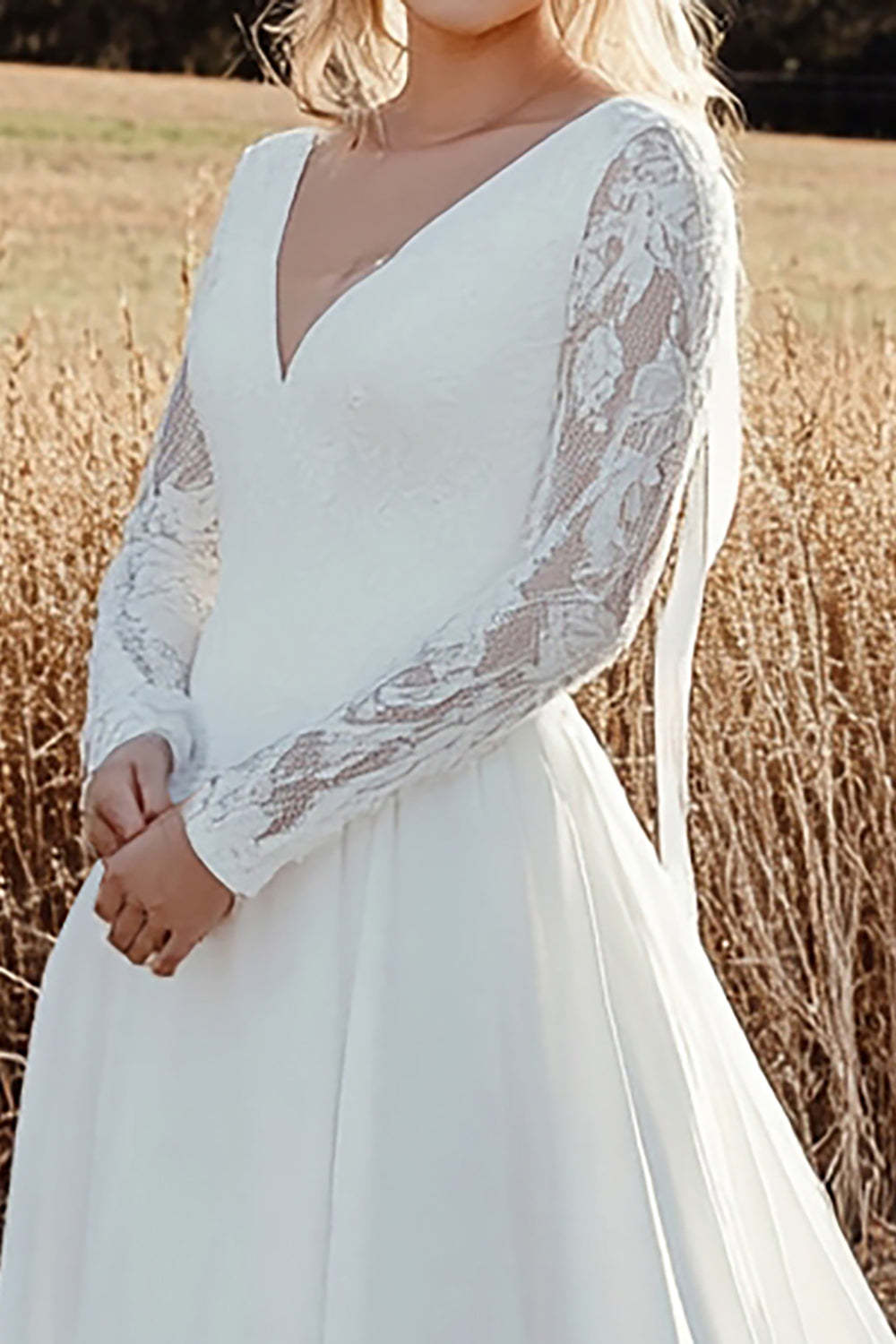 Ivory V-Neck A Line Long Sleeves Wedding Dress with Lace
