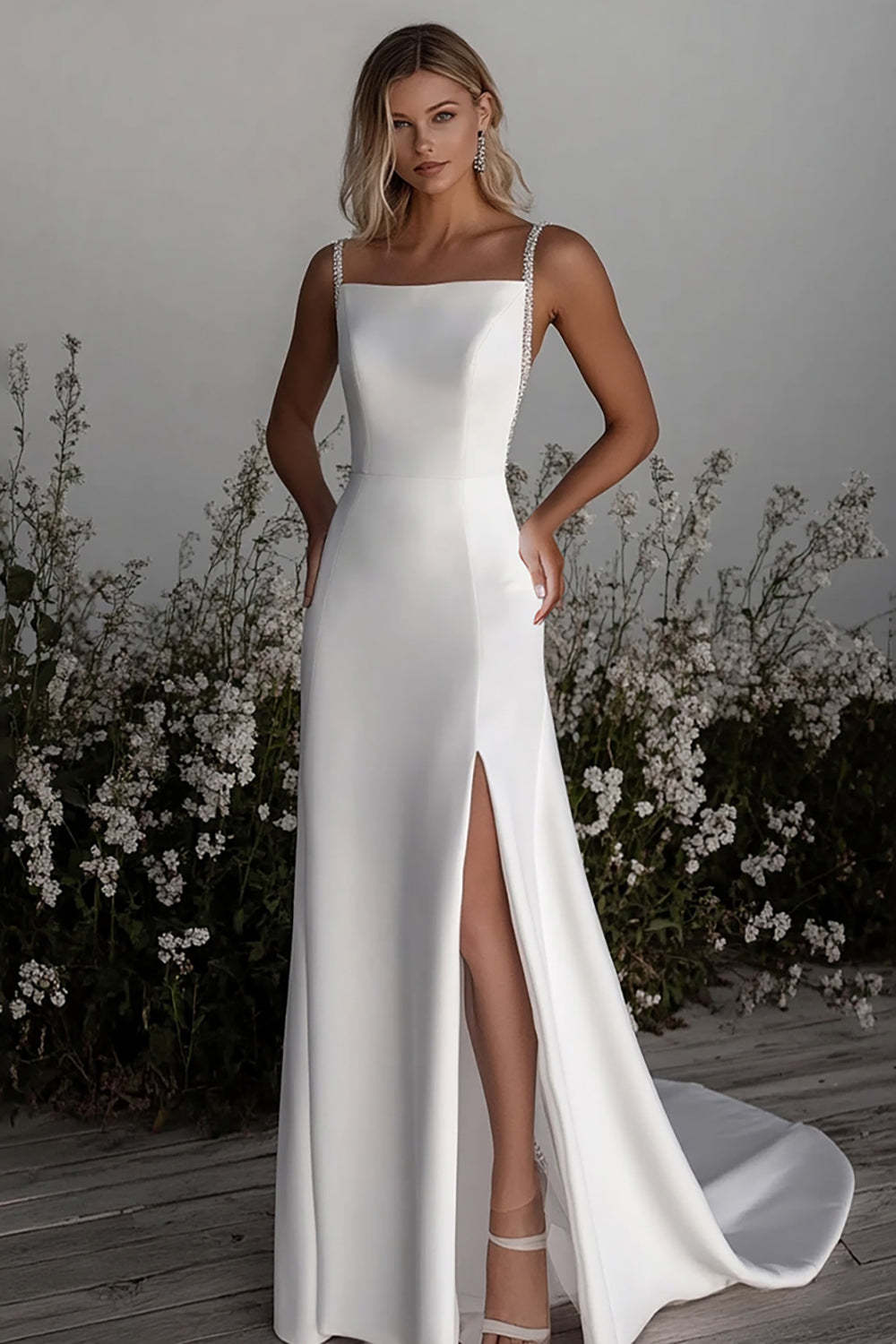 Leely Women Simple Ivory Square Neck Sheath Satin Wedding Dress with Slit Spaghetti Straps Floor Length Bridal Dress