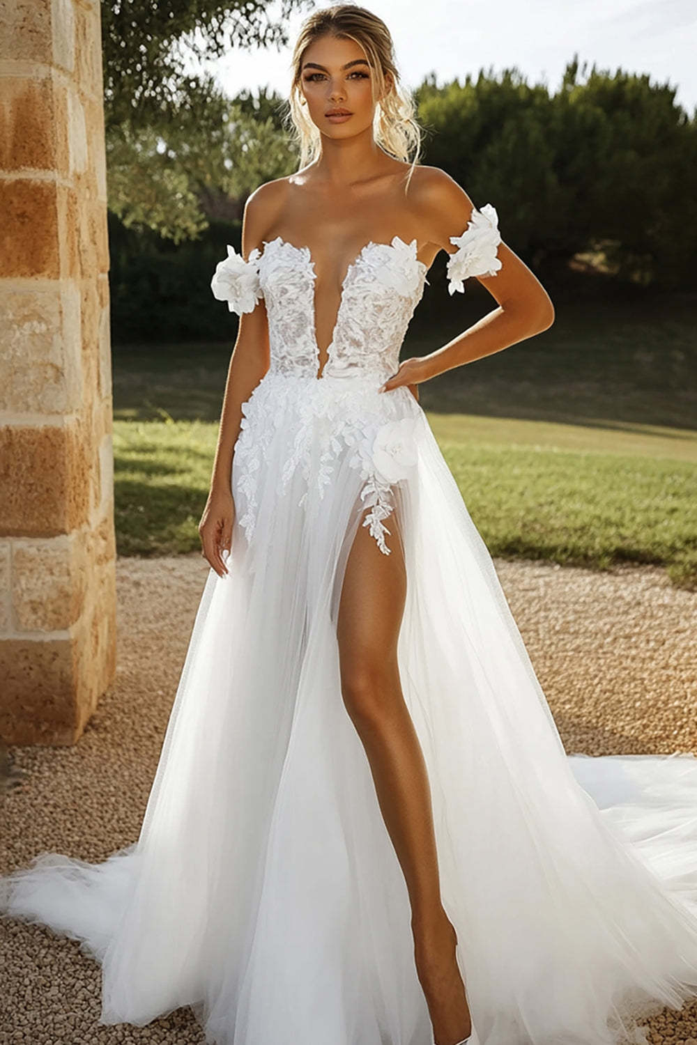 Leely Women Ivory Off the Shoulder Applique A Line Tulle Wedding Dress with Slit Strapless Sweetheart Floor Length Bridal Dress