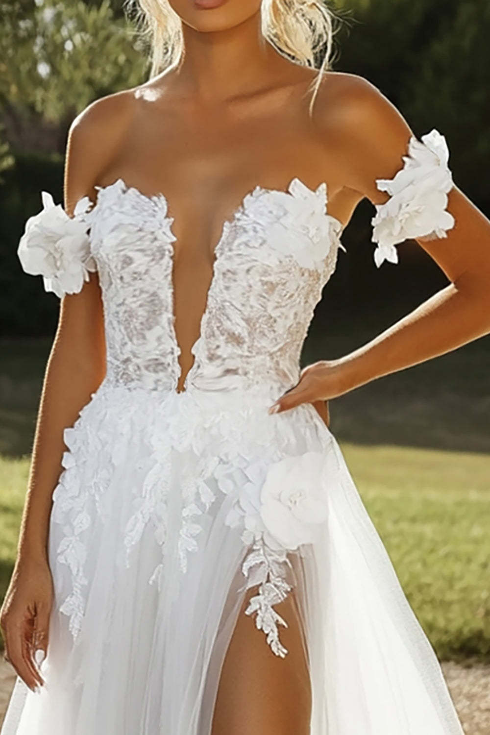 Ivory Off the Shoulder Applique A Line Tulle Wedding Dress with Slit