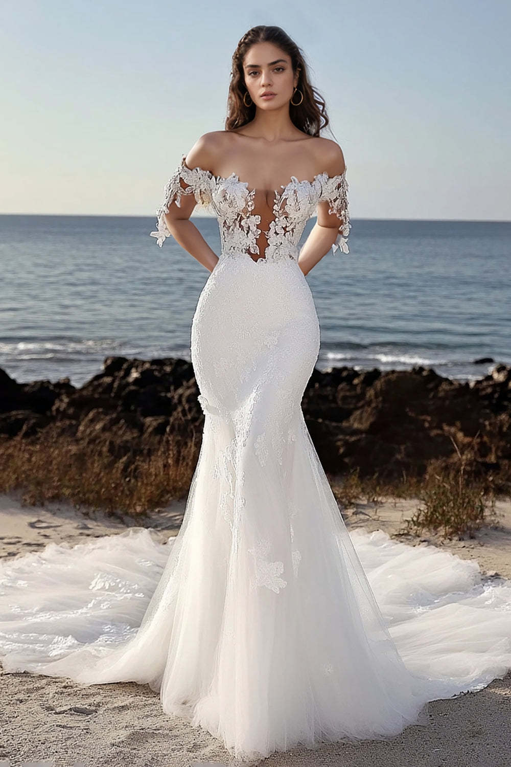 Leely Women Gorgeous Ivory Off the Shoulder Applique Mermaid Wedding Dress Corset Sweep Train Bridal Dress