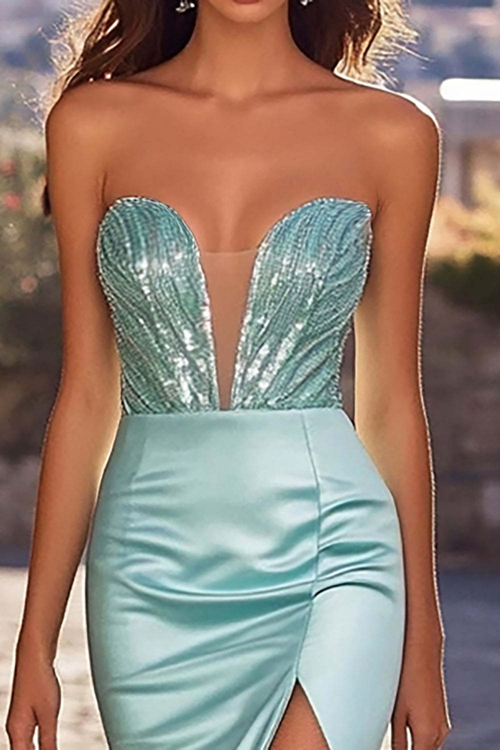 Sparkly Blue Corset Strapless Satin Sheath Long Prom Dress with Slit