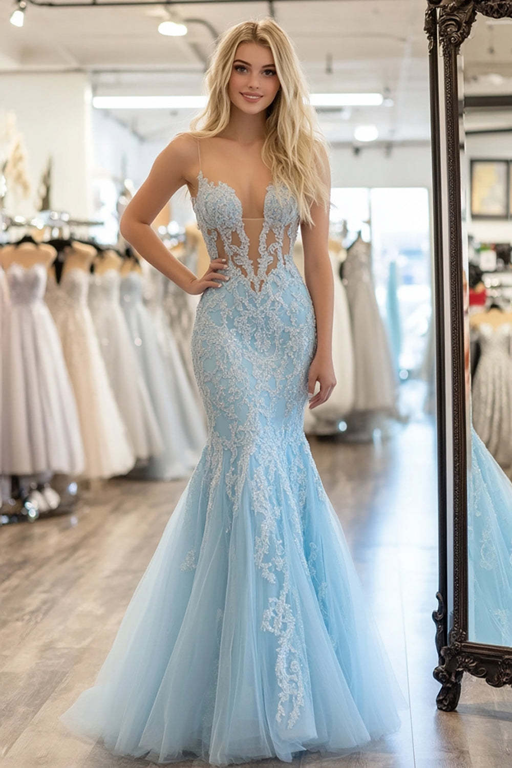 Leely Women Sparkly Sky Blue Mermaid Prom Dress Corset Sweetheart Spaghetti Straps Tulle Evening Dress
