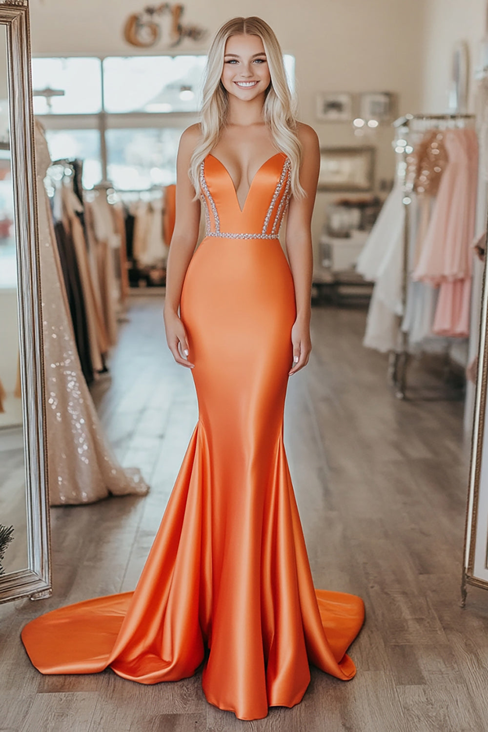 Orange Mermaid Satin Strapless V Neck Prom Dress with Beading