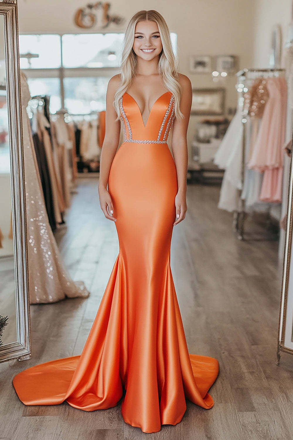 Leely Women Orange Mermaid Satin Prom Dress with Beading V-Neck Strapless Floor Length Formal Dress