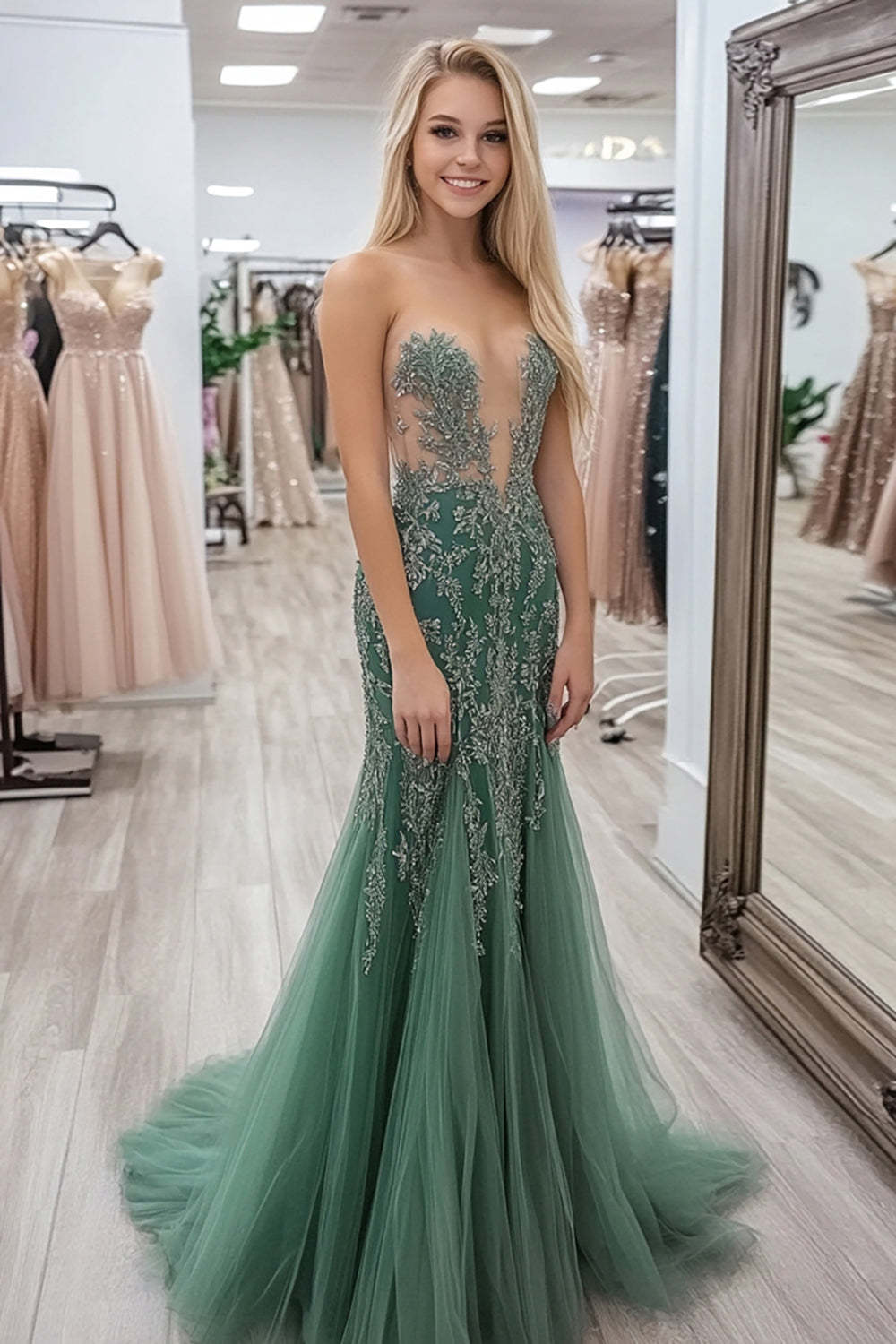 Leely Women Agave V Neck Tulle Prom Dress with Lace Appliques Sheath Strapless Long Formal Dress