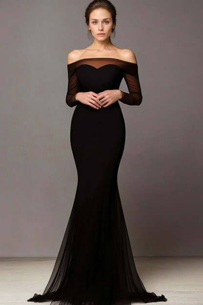 Leely Women Elegant Black Sheath Prom Dress Long Sleeves Mermaid Off the Shoulder Floor Length Formal Dress