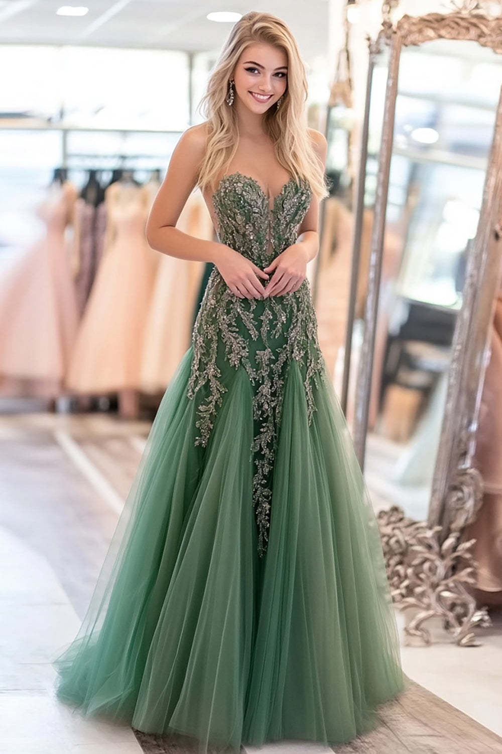 Leely Women Sparkly Agave Sheath Prom Dress with Lace Appliques Strapless Corset Tulle Floor Length Formal Dress