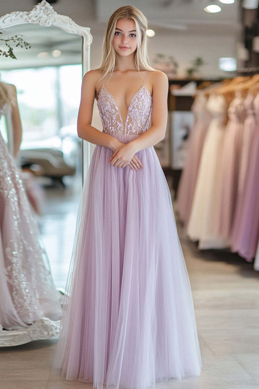 Leely Women Sparkly Light Purple A Line Prom Dress with Appliques Spaghetti Straps V-Neck Tulle Corset Floor Length Formal Dress