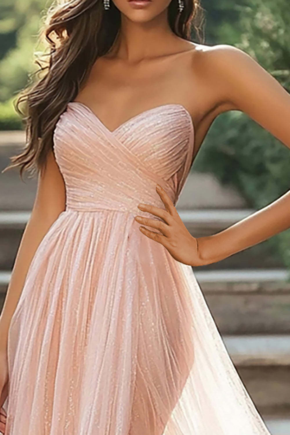 Glitter Blush A Line Tulle Pleated Sweetheart Floor Length Prom Dress