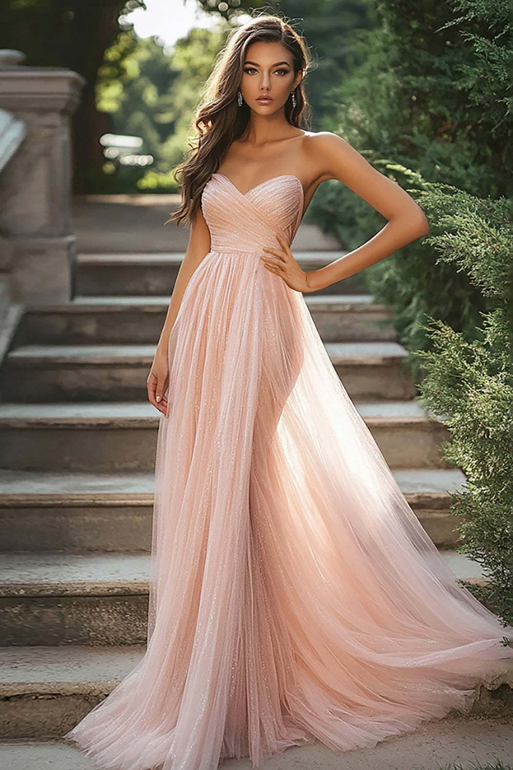Leely Women Blush A Line Tulle Prom Dress Sweetheart Strapless Pleated Long Formal Dress