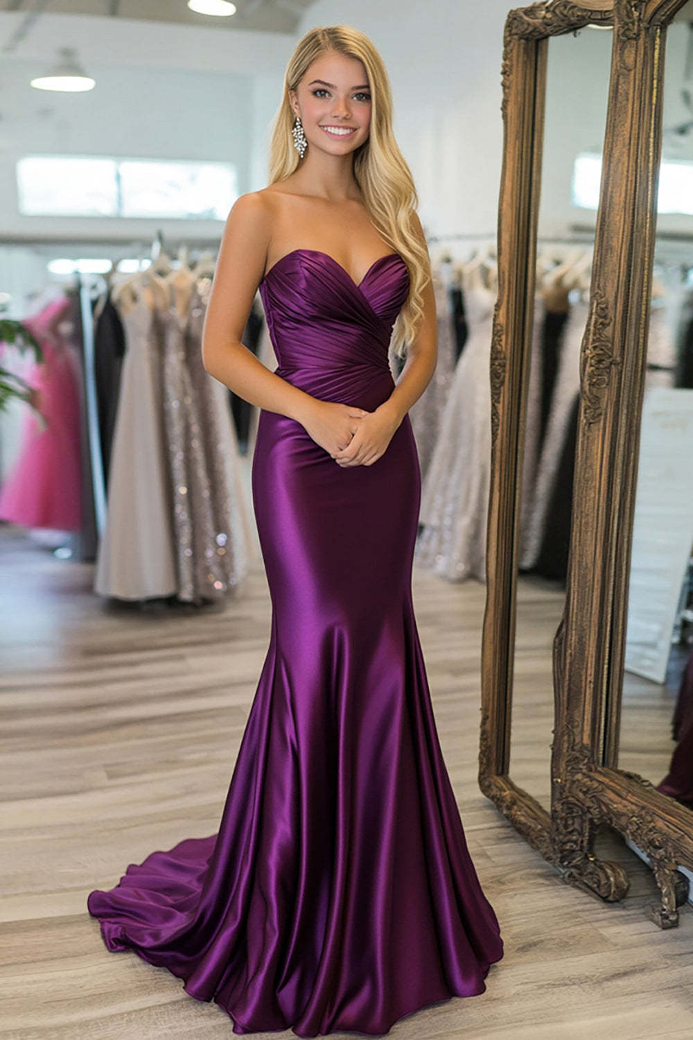 Leely Women Plum Sheath Satin Prom Dress Sweetheart Strapless Ruched Long Formal Dress