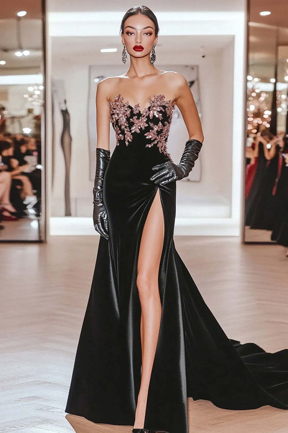 Leely Women Sparkly Black Applique Prom Slit Mermaid Corset Sweetheart Strapless Long Formal Dress