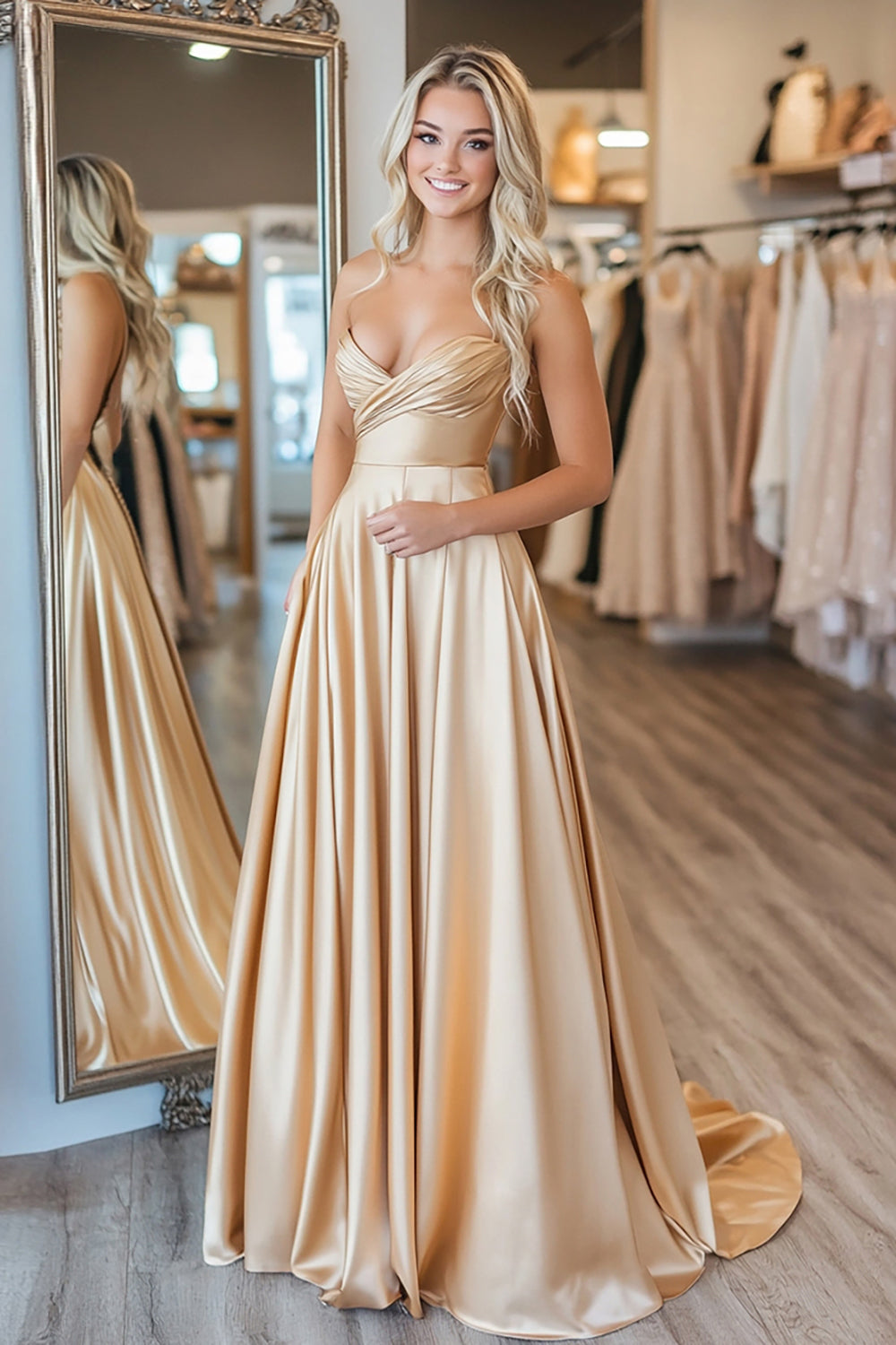 Gold Satin A Line Strapless Pleated Long Prom Dress