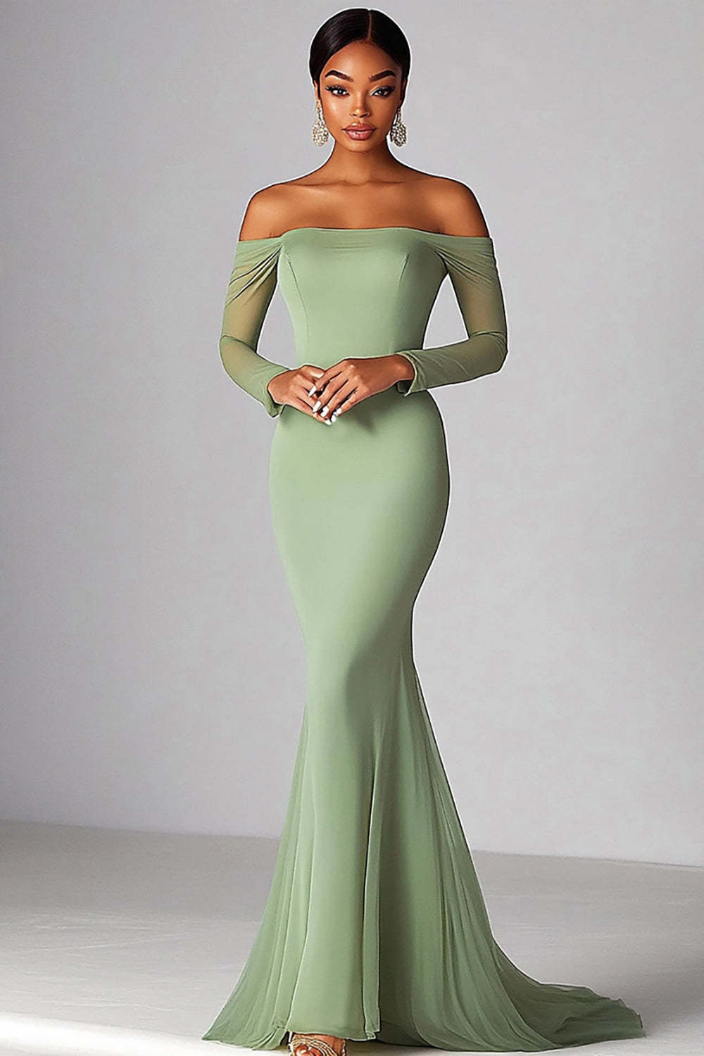 Leely Women Elegant Sage Mermaid Prom Dress Long Sleeves Off the Shoulder Long Formal Dress