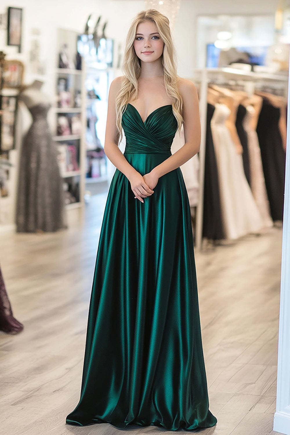 Leely Women Dark Green Metallic Satin A Line Prom Dress Maxi Pleated Formal Gala Dress