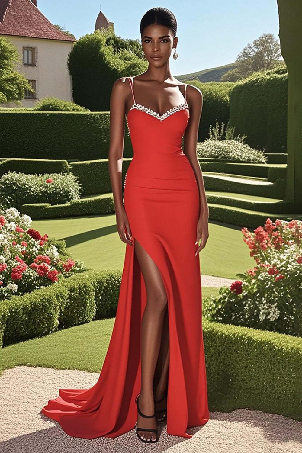 Leely Women Red Sheath Sweetheart Prom Slit Spaghetti Straps Satin Floor Length Formal Dress