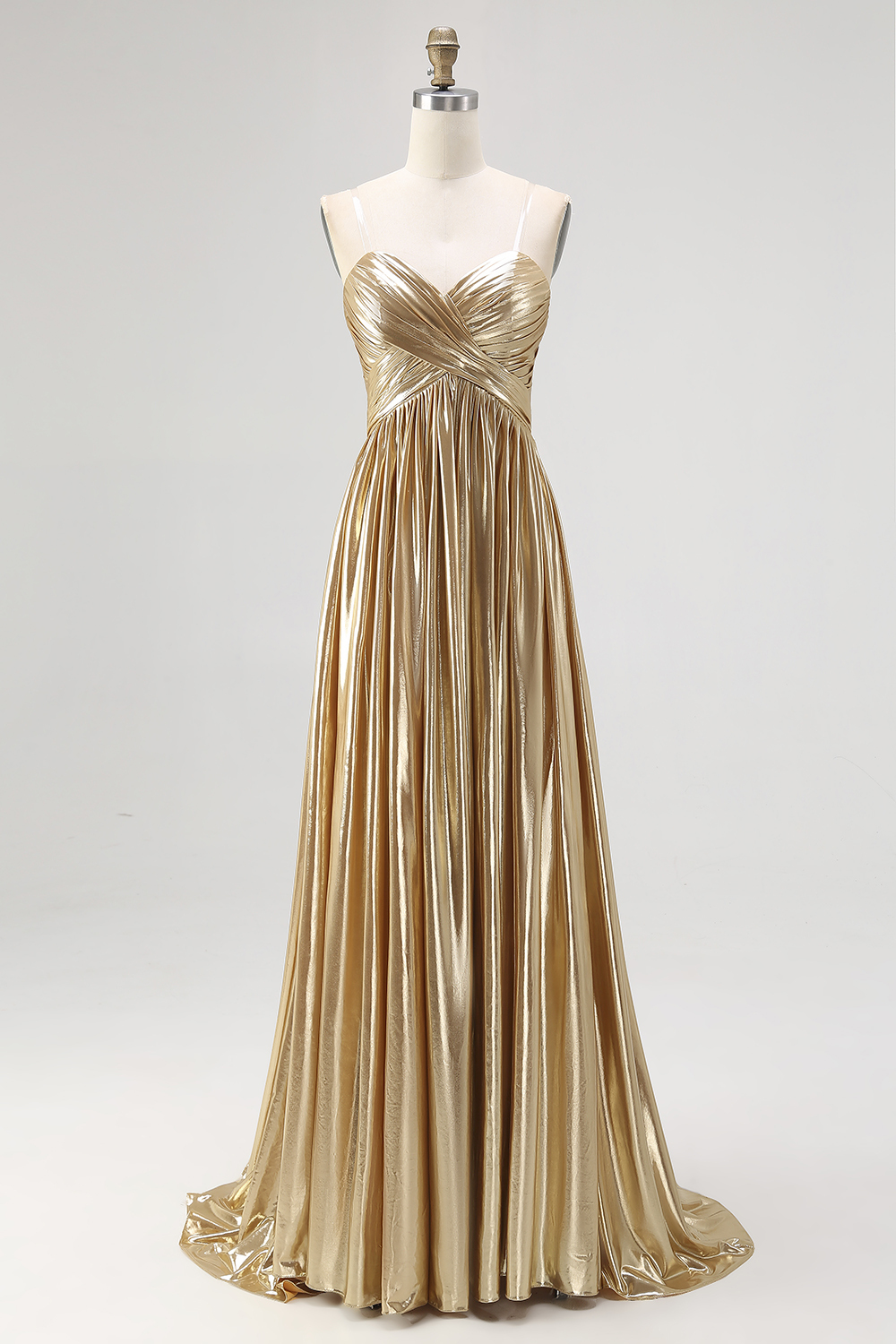 Gold Pleated Metallic Sweetheart A Line Long Prom Dress