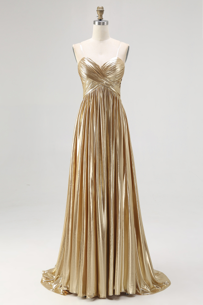 Gold Pleated Metallic Sweetheart A Line Long Prom Dress