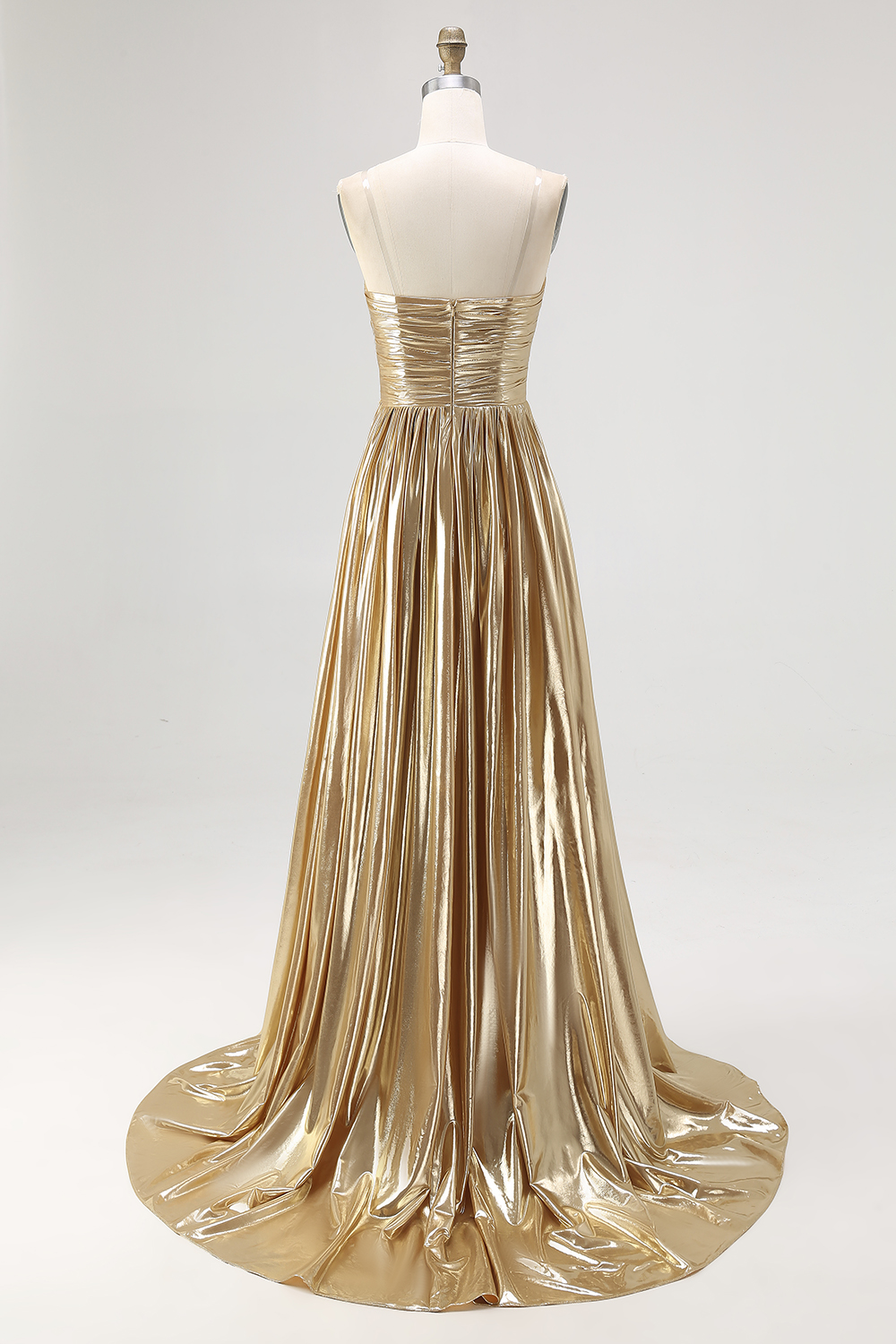 Gold Pleated Metallic Sweetheart A Line Long Prom Dress
