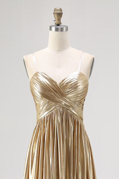 Gold Pleated Metallic Sweetheart A Line Long Prom Dress