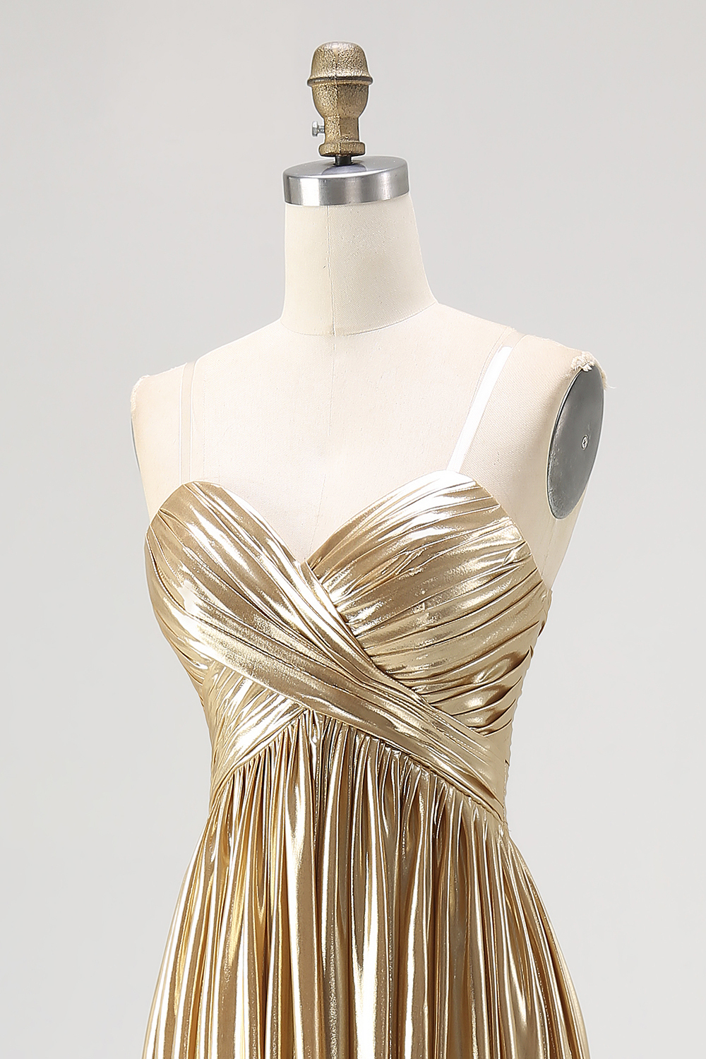 Metallic Gold Pleated Sweetheart A Line Maxi Prom Dress