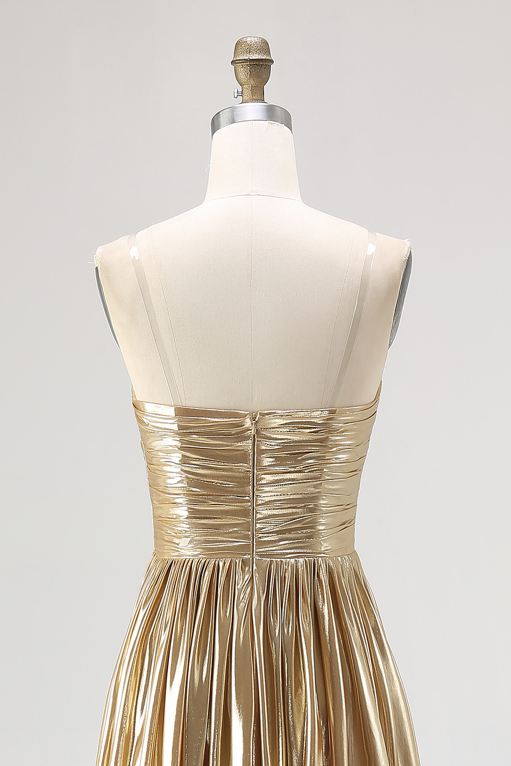 Gold Pleated Metallic Sweetheart A Line Long Prom Dress