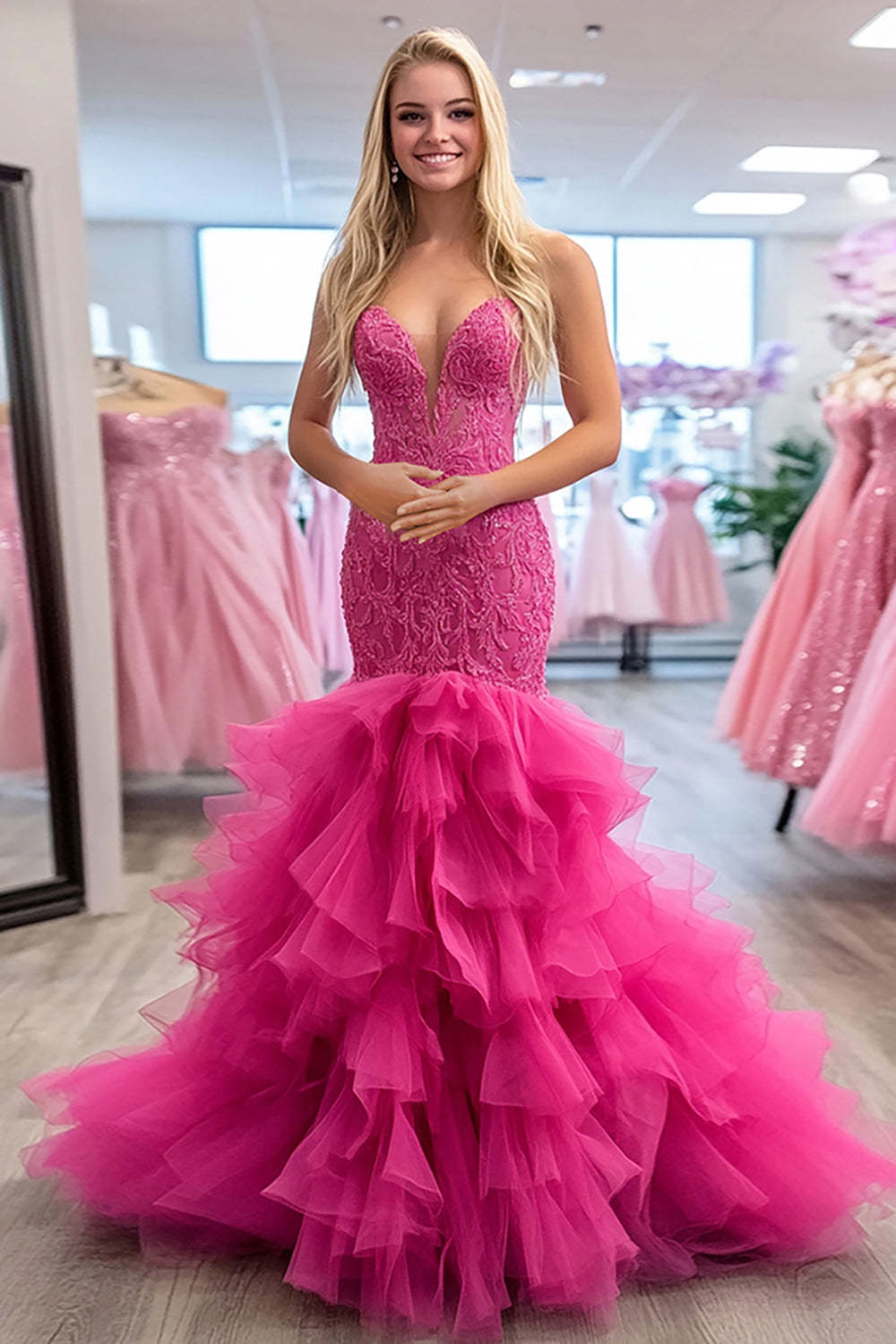 Leely Women Fuchsia Sweetheart Mermaid Prom Dress Ruffles Tulle Applique Military Ball Dress
