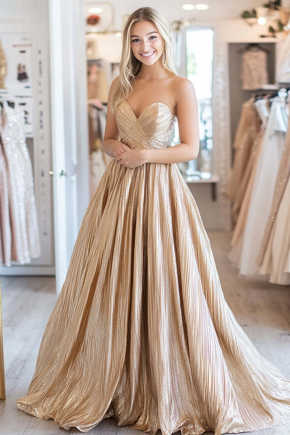 Leely Women Metallic Satin Gold Sweetheart Ball Gown Maxi Prom Dress Pleated Gala Dress
