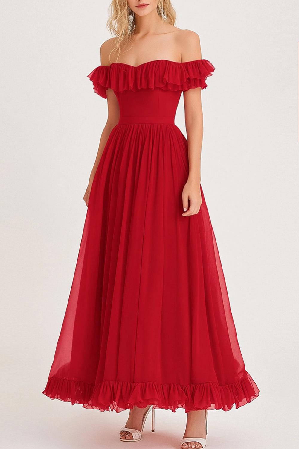 Leely Women Red Off the Shoulder A-Line Formal Dress with Ruffles Flowy Wedding Guest Dress