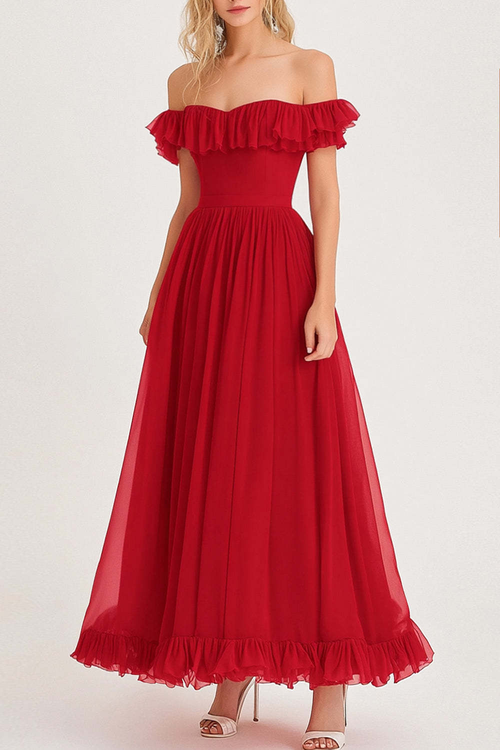Leely Women Red Off the Shoulder A-Line Formal Dress with Ruffles Flowy Wedding Guest Dress