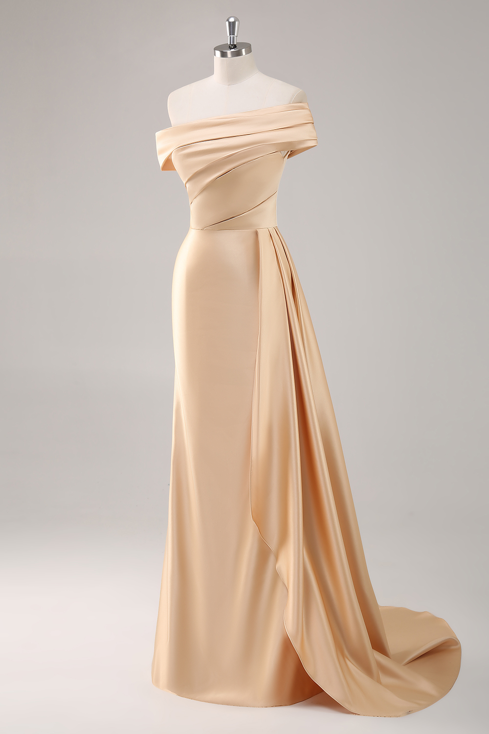 Champagne Off the Shoulder Satin Sheath Long Formal Dress with Side Cape
