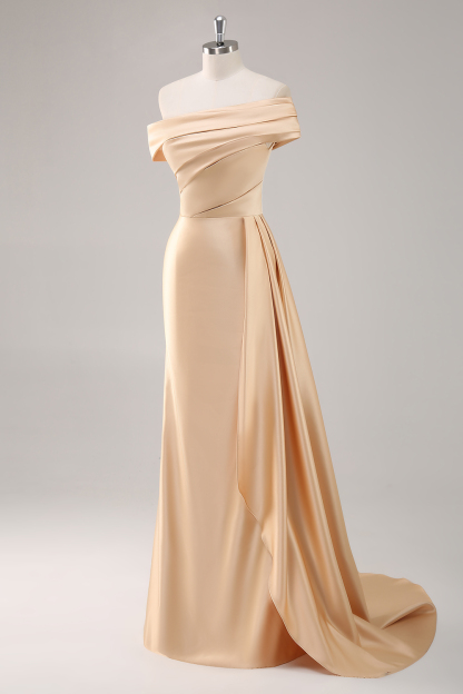 Champagne Off the Shoulder Satin Sheath Long Formal Dress with Side Cape