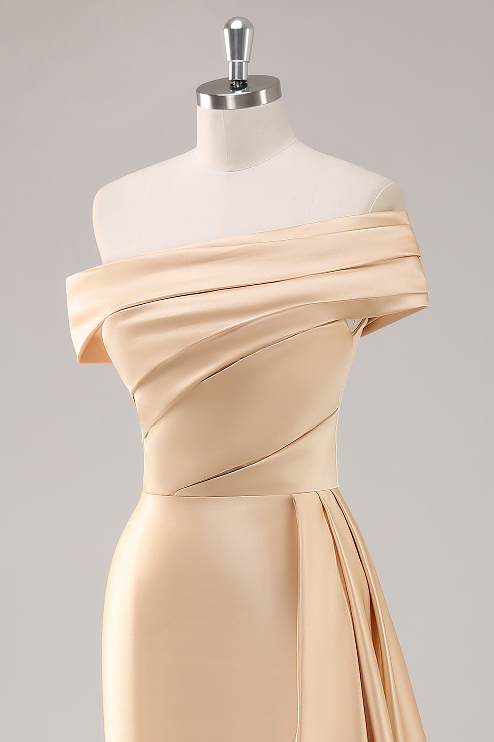 Champagne Off the Shoulder Satin Sheath Long Formal Dress with Side Cape
