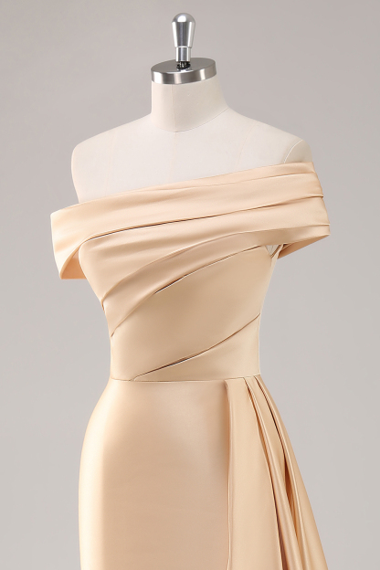 Champagne Off the Shoulder Satin Sheath Long Formal Dress with Side Cape
