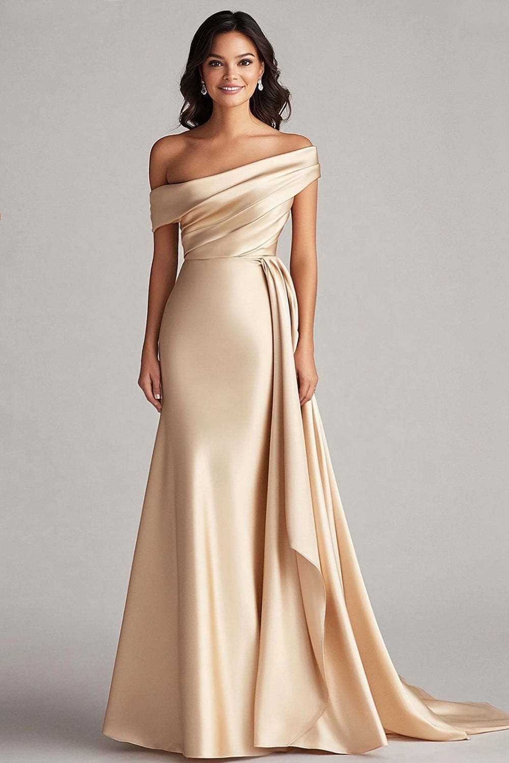 Leely Women Champagne Satin Mermaid Formal Dress with Side Cape Sweep Train Off the Shoulder Evening Gala Dress
