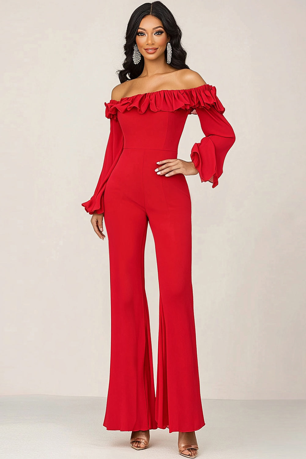 Leely Women Red Off the Shoulder Ruffled Formal Jumpsuit Long Sleeves Wedding Guest Pantsuit