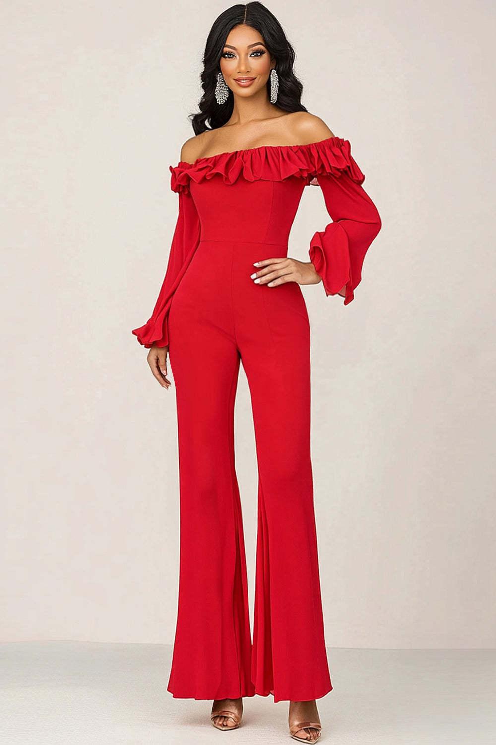 Leely Women Red Off the Shoulder Ruffled Formal Jumpsuit Long Sleeves Wedding Guest Pantsuit