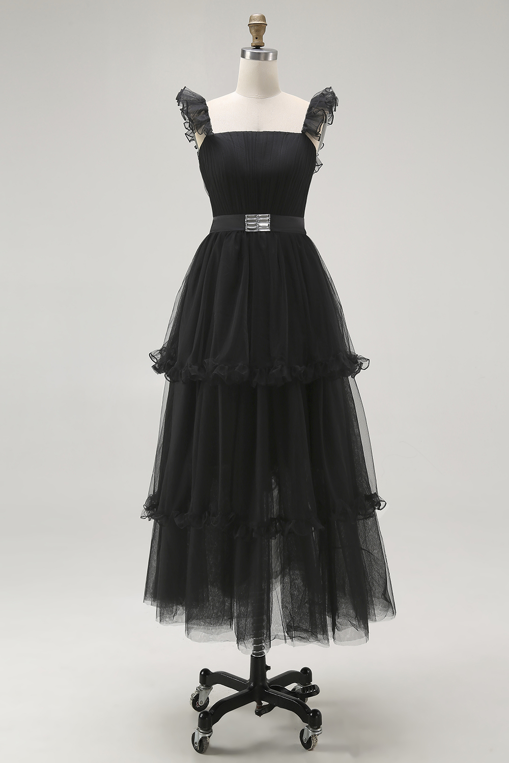Black A-Line Tiered Tulle Formal Dress with Ruffles