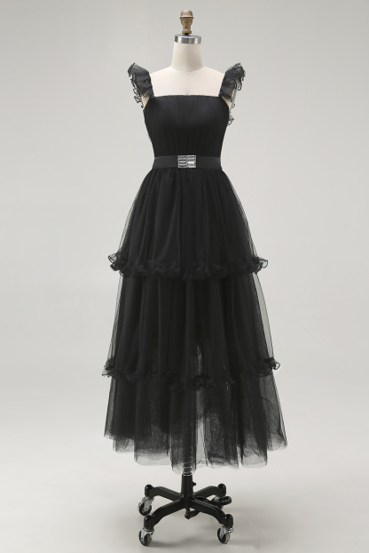 Black A-Line Tiered Tulle Formal Dress with Ruffles