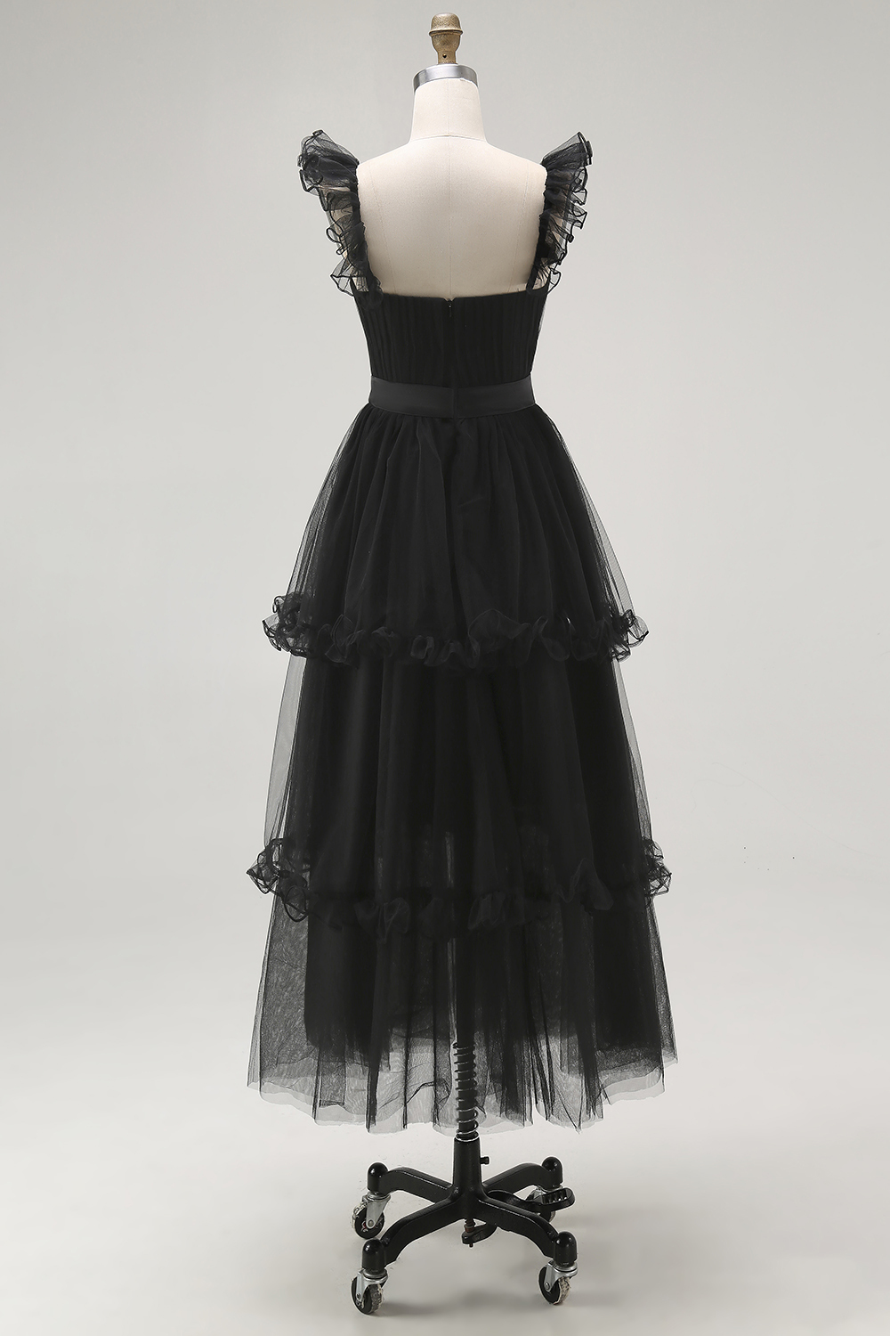 Black A-Line Tiered Tulle Formal Dress with Ruffles