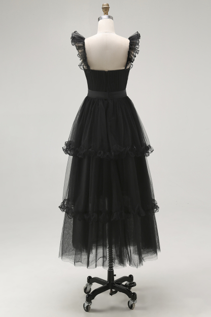 Black A-Line Tiered Tulle Formal Dress with Ruffles