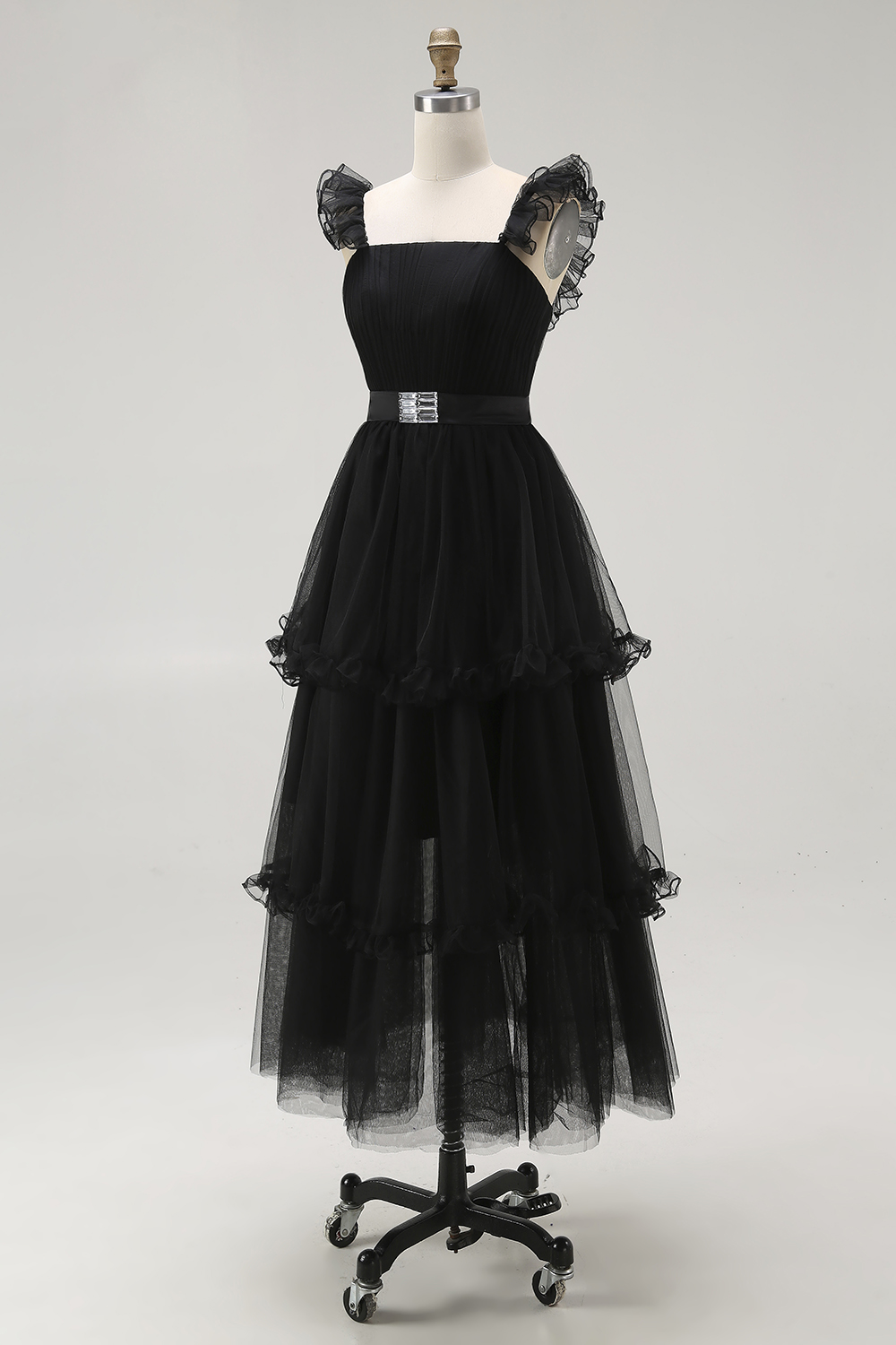 Black A-Line Tulle Tiered Formal Dress with Ruffles
