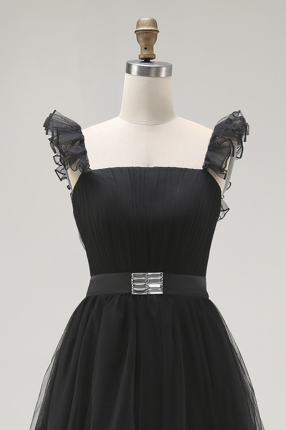 Black A-Line Tulle Tiered Formal Dress with Ruffles